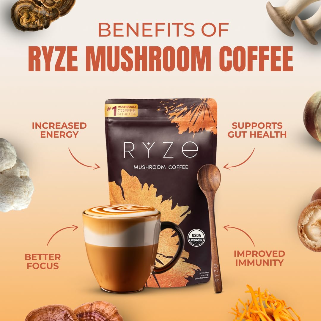 RYZE Mushroom Coffee - 6 Adaptogenic Mushrooms - 30 Servings